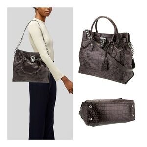 MICHAEL KORS Hamilton Taupe Gray Croc Embossed Satchel